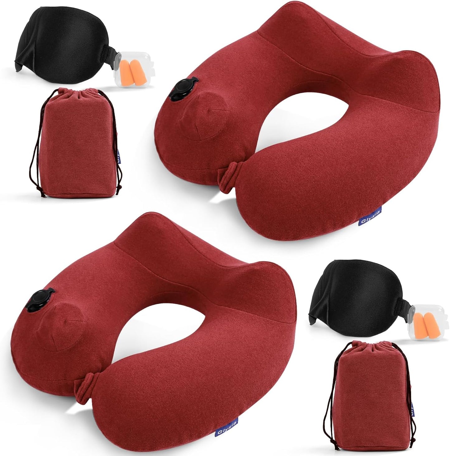 2 Pack Inflatable Travel Neck Pillows for Airplanes, Head Support Velvet Adult Neck Pillows for Long Flight, Kit with Eye Mask, Earplugs and Storage Bag, 2, Red