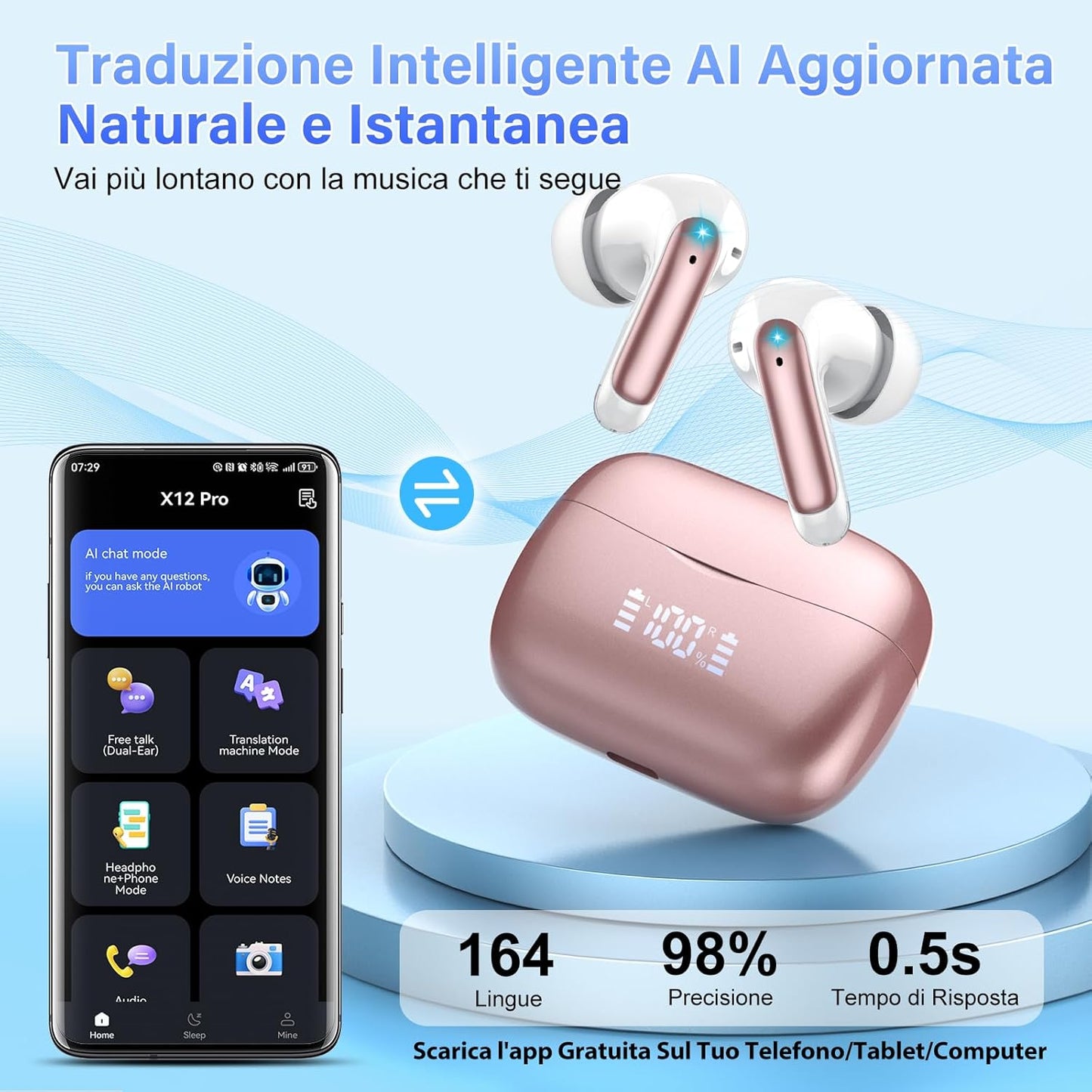 AI Translation Earbuds Real Time with Audio and Video Calls, 164 Language/7 Translation Modes Translator Earbuds Bluetooth 5.4 with APP, 48H AI Ear Buds Translator Device for Business/Learning, Gold