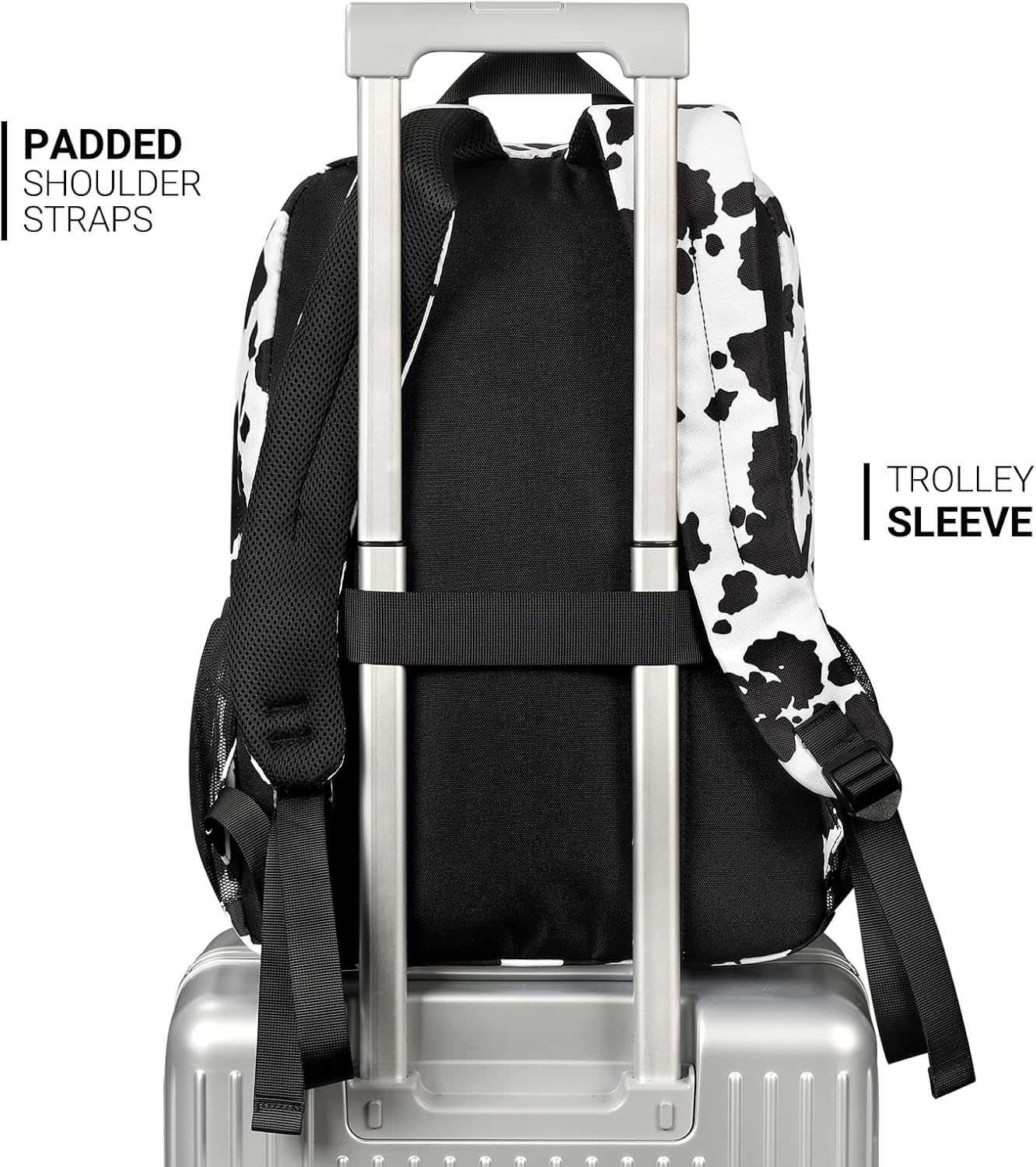 ZORFIN 26L Backpack for College, and Travel: Water Resistant Bookbag - Cow Print Black