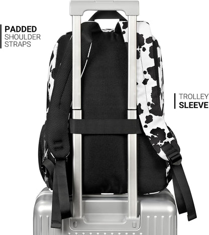 ZORFIN 26L Backpack for College, and Travel: Water Resistant Bookbag - Cow Print Black