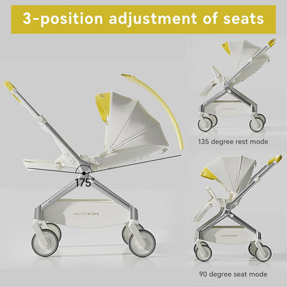 Hot Mom Lightweight Baby Stroller, Intelligent Seat Reversing and Anti-Shock Tire Combine Baby Pushchair, Newborn to Toddler's Baby Stroller,White
