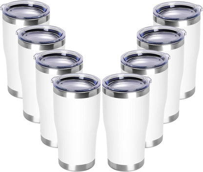 DOMICARE 20oz Tumbler with Lid Stainless Steel Tumblers Bulk, Double Wall Vacuum Insulated Coffee Travel Mug Powder Coated Tumbler, 8 Pack White