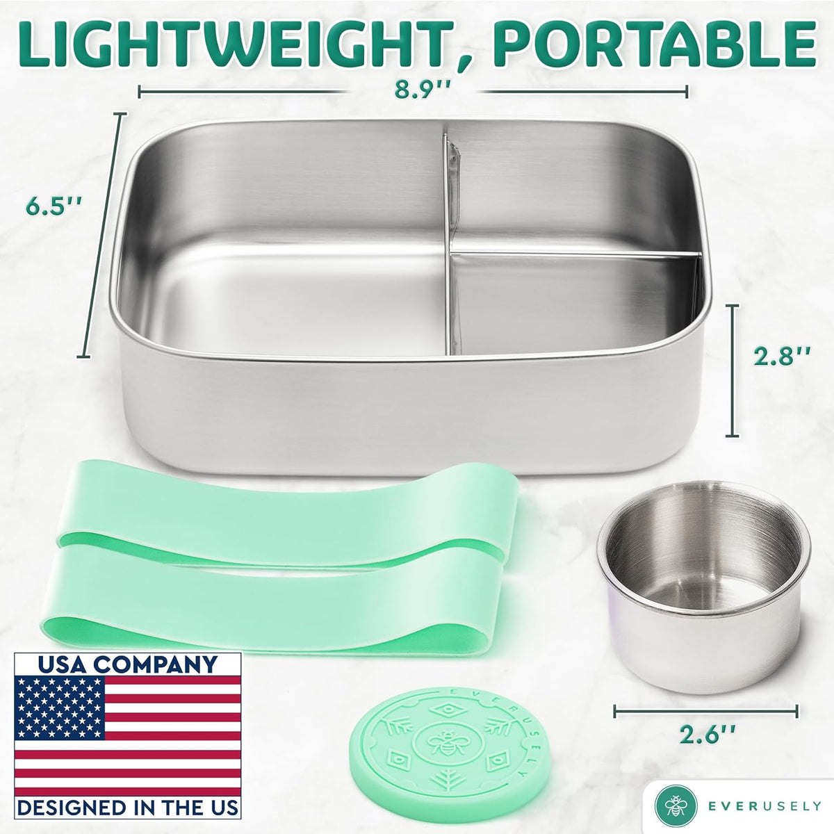Everusely - Bento Box - Green, 60oz / 1.8 L - Stainless Steel Lunch Box with Leakproof Condiment Container - 3 Compartment Snack Organizer for On the Go Meals - Freezer & Dishwasher Safe