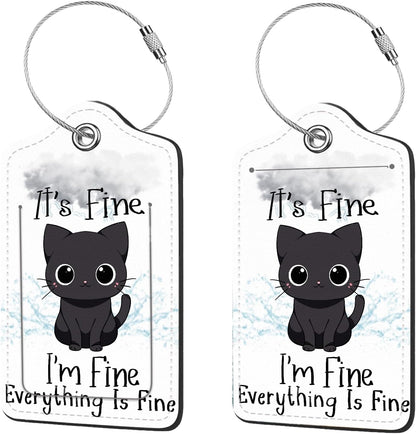 2 Pcs Luggage Tags for Suitcase, Cute Unique PU Leather Travel Bag Tag with Privacy Cover ID Label Address Card and Durable Metal Ring Suitable for Men Women Children Backpack,Cat Under A Dark Cloud