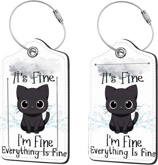 2 Pcs Luggage Tags for Suitcase, Cute Unique PU Leather Travel Bag Tag with Privacy Cover ID Label Address Card and Durable Metal Ring Suitable for Men Women Children Backpack,Cat Under A Dark Cloud