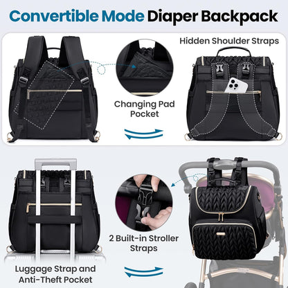 4 in 1 Convertible Diaper Bag Backpack,Waterproof Baby Diaper Bag with Changing Pad,Converts into Baby Tote Bag,Diaper Backpack,Stroller Bag and Crossbody Diaper Bag