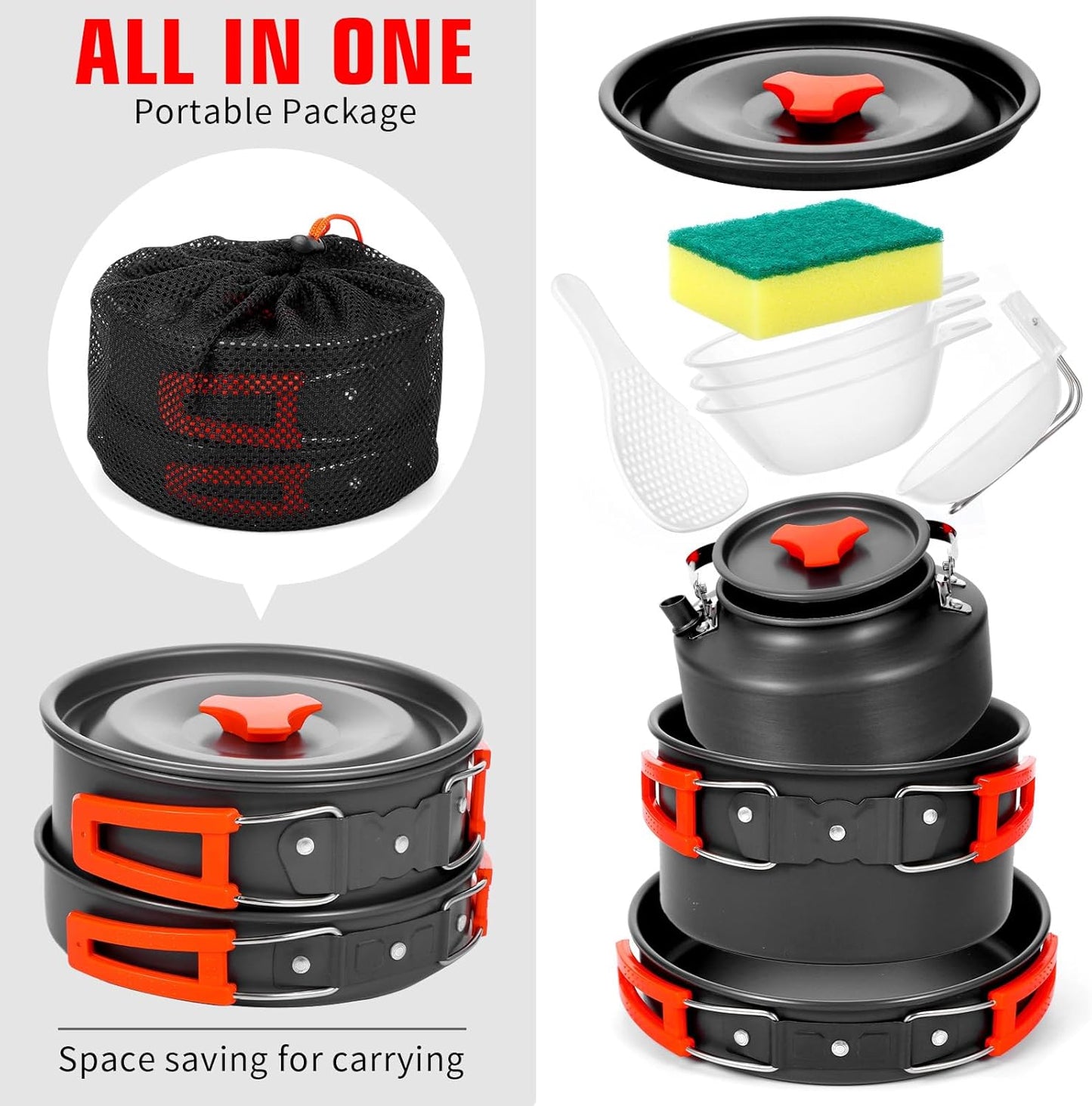 8pcs Camping Cookware Camping Pots and Pans Set with Kettle Plastic Bowls and Soup Spoon for Camping, Backpacking, Outdoor Cooking and Picnic