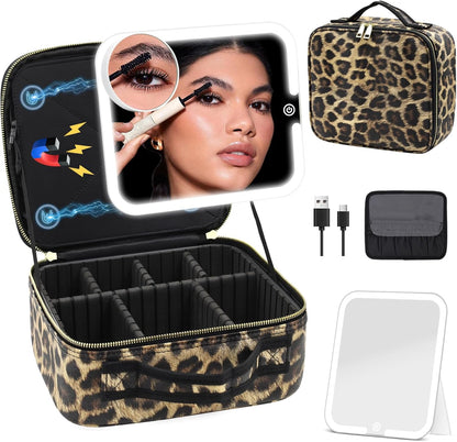 Makeup Bag with Magnetic Detachable Lighted Mirror, Travel Makeup Bag with Mirror 360° Angle, PU Leather Makeup Organizer Bag with Mirror and Lights, Portable Cosmetic Case Accessories Train Case Gift