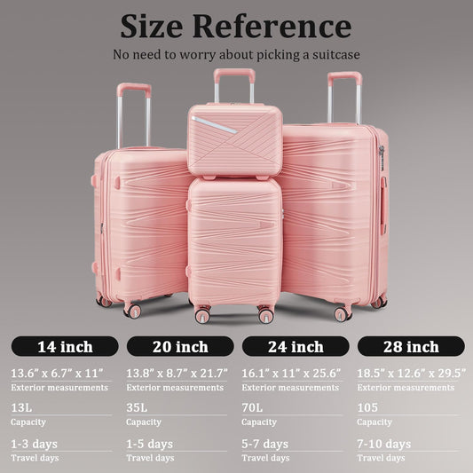 4-Piece Expandable Hardshell Luggage Set with TSA Lock (14/20/24/28) - Lightweight PP Suitcases, 360° Silent Spinner Wheels and Durable 100LB Handle for Air Travel (Pink)
