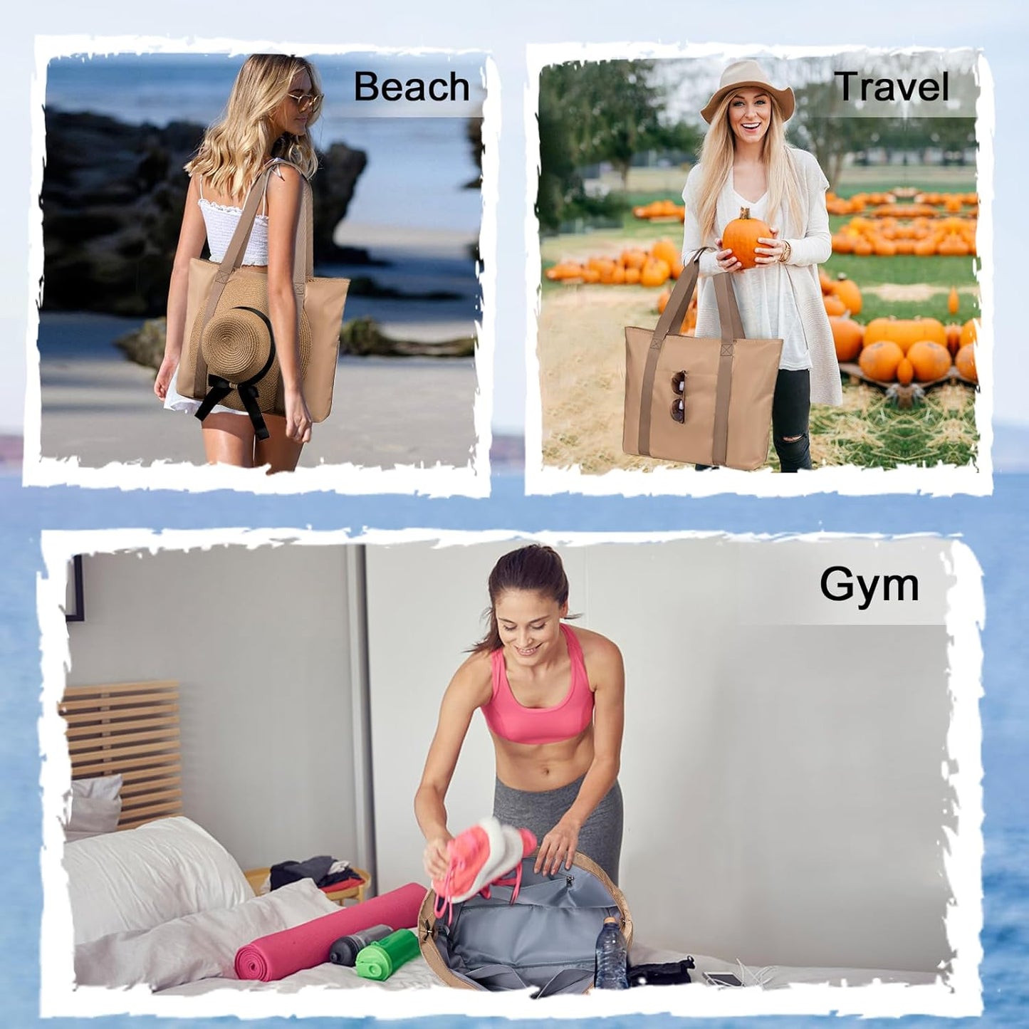 LEDAOU Beach Bags for Women, Beach Bags Waterproof Sandproof, Packable Beach Tote Bag with Zipper Travel Sports