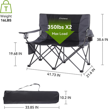 Oversized Double Camping Chairs for Adults, 2 Person Padded Folding Camp Chairs with 2 Cup Holders, Side Pocket for Outside, Picnic, Lawn, Big Heavy Duty Outdoor Loveseat, Black