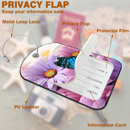 2 Pack Luggage Tag for Suitcase Purple Daisy and Butterfly Leather Suitcase Tags with Privacy Name ID Label and Stainless Steel Loop for Travel Bag