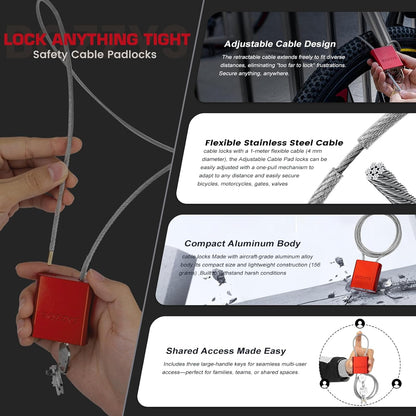 Adjustable Cable Locks with 3 Keys | 3.28ft L x 1/6in D Aluminum Steel Cable Padlock for Bikes, Gate, Lockers & Outdoor Gear | Keyed Different & Red
