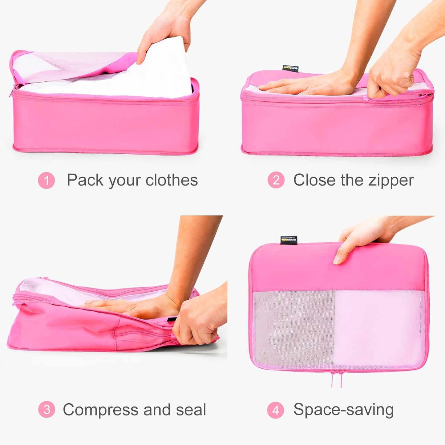 4 Set Compression Packing Cubes for Travel, Suitcases and Backpack Space Saving Organizers (Pink)