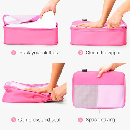 4 Set Compression Packing Cubes for Travel, Suitcases and Backpack Space Saving Organizers (Pink)