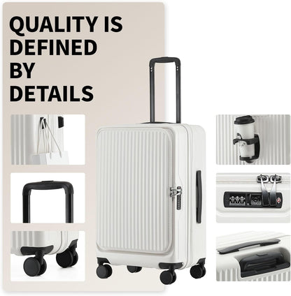 24 Inch Top Opening Checked Travel Luggage Expandable with Spinner Wheels,All PC Hard Shell Hardside Lightweight Medium Suitcase with TSA Approved Cup Holder for Business Trips Woman Men,White