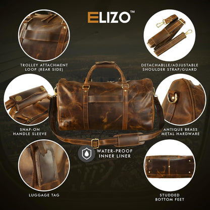 ELIZO Personalized Leather Duffle Bag For Men Women REAL FULL GRAIN Custom Travel Overnight Weekender Carry On Luggage Sports Gym Bags (Antique 20 Inch) Origin