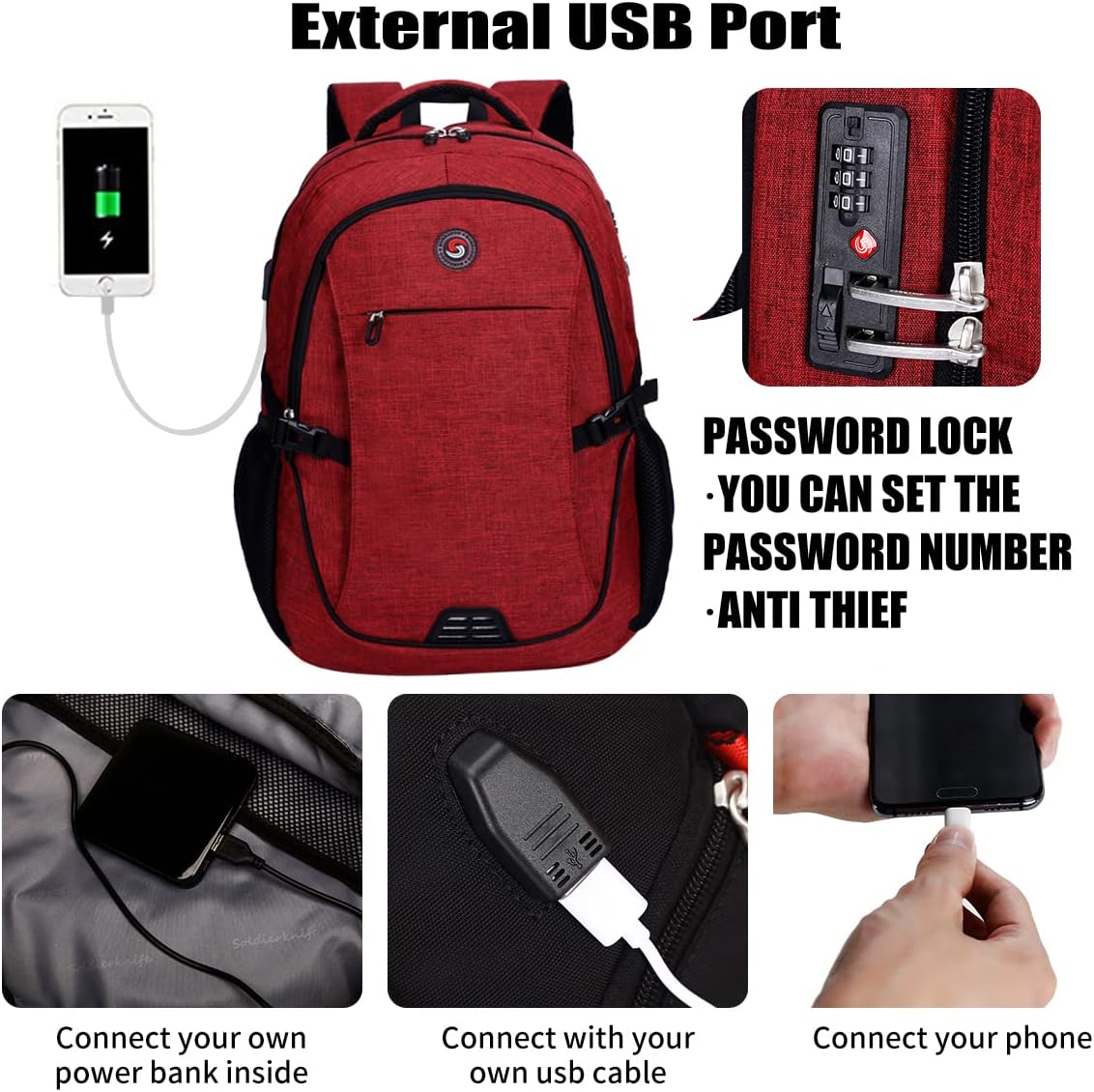 SHRRADOO Anti Theft Laptop Backpack Travel Backpacks with usb Charging Port for Women Men High School College Backpack Computer Bag Fits 17 Inch Laptop,Red