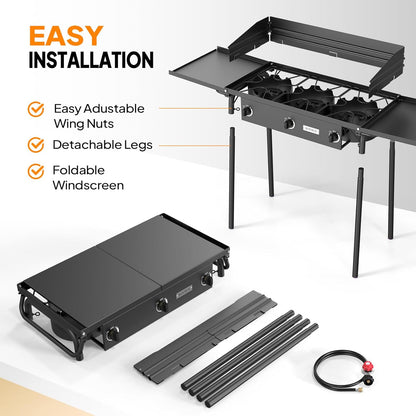 ROVSUN 3 Burner Propane Gas Stove with Side Shelf & Carrying Bag, 225,000BTU Outdoor Burner with Wind Panel & CSA Listed Regulator, Picnic Cooker for Home Patio Cooking Camping Brewing Turkey Frying