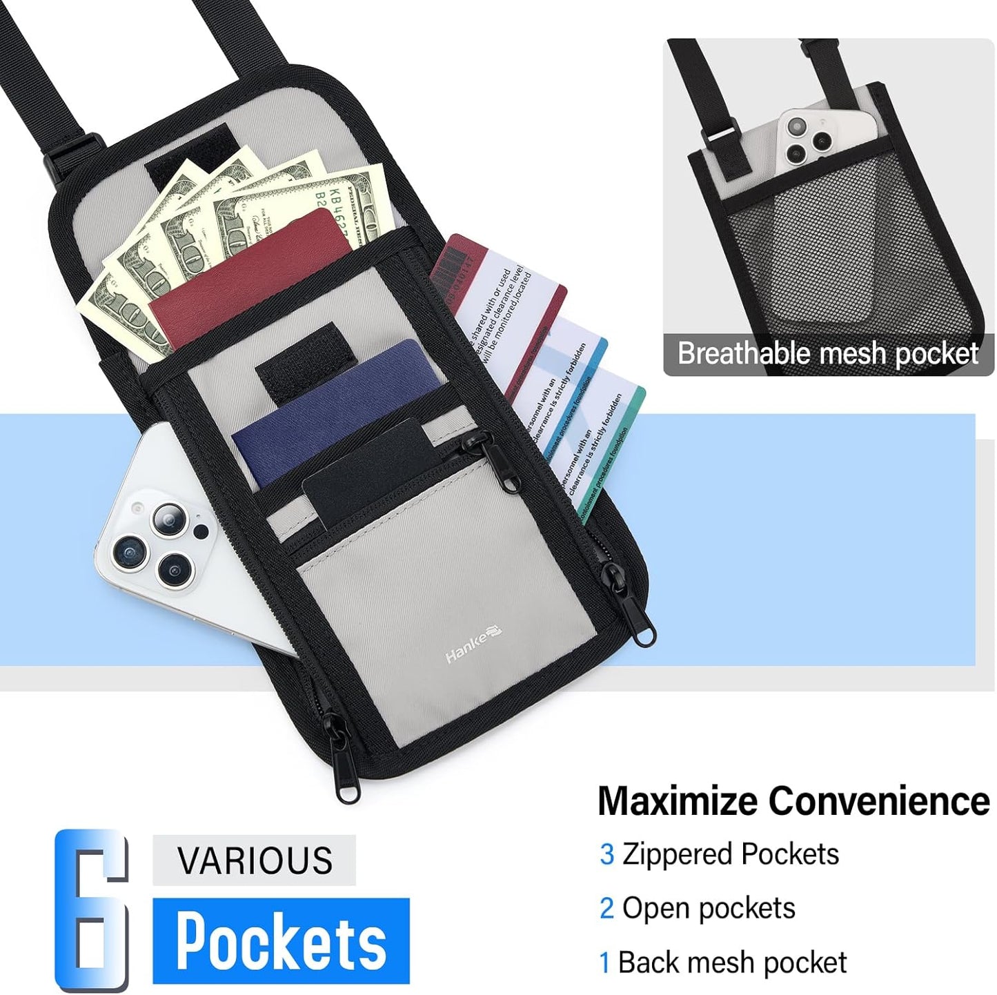 Hanke Passport Holder, Travel Wallet for Womens and Men, Neck Wallet Hidden Passport Pouch for Travel Adjustable Lightweight Thin with 6 compartments (Light Grey)