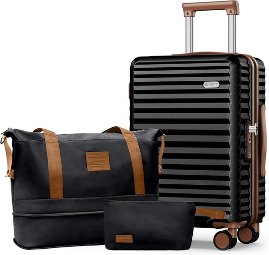 SHOWKOO Carry On Luggage Hardshell Lightweight Luggage Set, Suitcase with Double Spinner Wheels Tsa Lock White 3 piece set Black (DB/TB/20in)