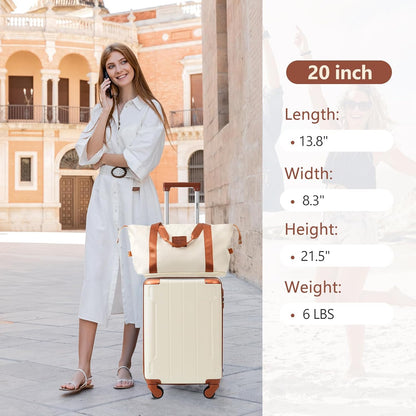 Merax Luggage Set 3 Piece Carry on Luggage, Lightweight Durable Spinner Suitcase with Corner Guards (White Brown, 20inch)