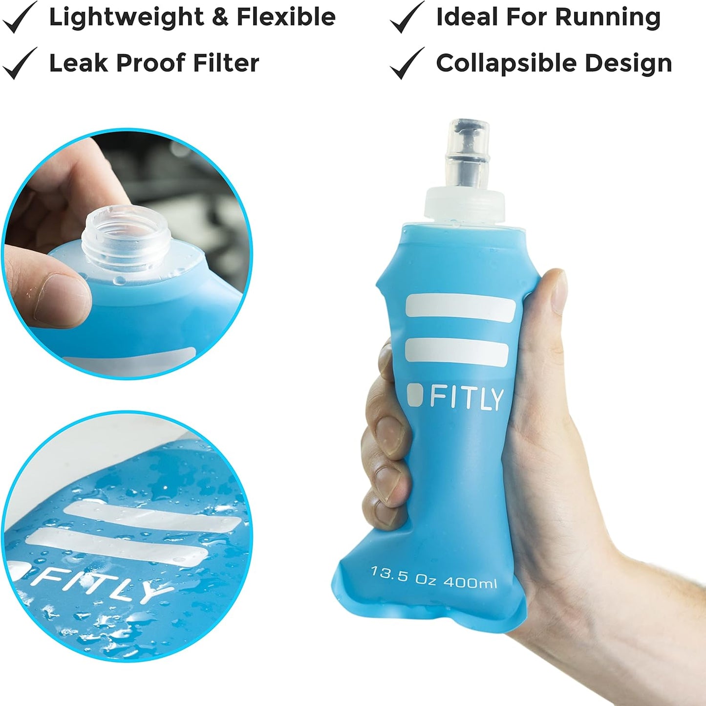 FITLY Soft Flask - Shrink As You Drink Soft Water Bottle for Hydration Pack - Folding Water Bottle Ideal for Running, Hiking, Cycling, Climbing & Rigorous Activity