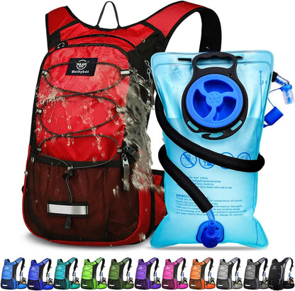 Insulated Hydration Backpack Pack with 3L BPA Free Leak Proof Water Bladder, Large Storage Lightweight Hiking Daypack with Waist Pouches & Cooler Layer, for Running, Biking, Camping, Festival