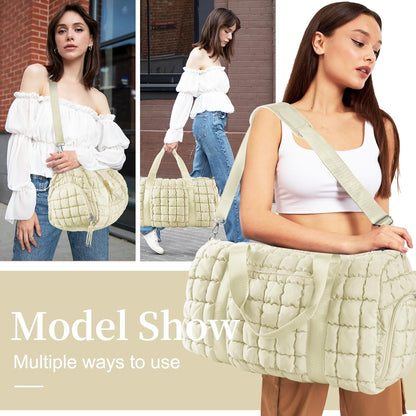 Quilted Travel Duffle Bag Gym Bag for Women,Large Puffer Duffle Weekender Bag with Compartment,Workout Overnight Carry on Organizer Bag Duffle Bag for Airplane Travel(L-Off-white)