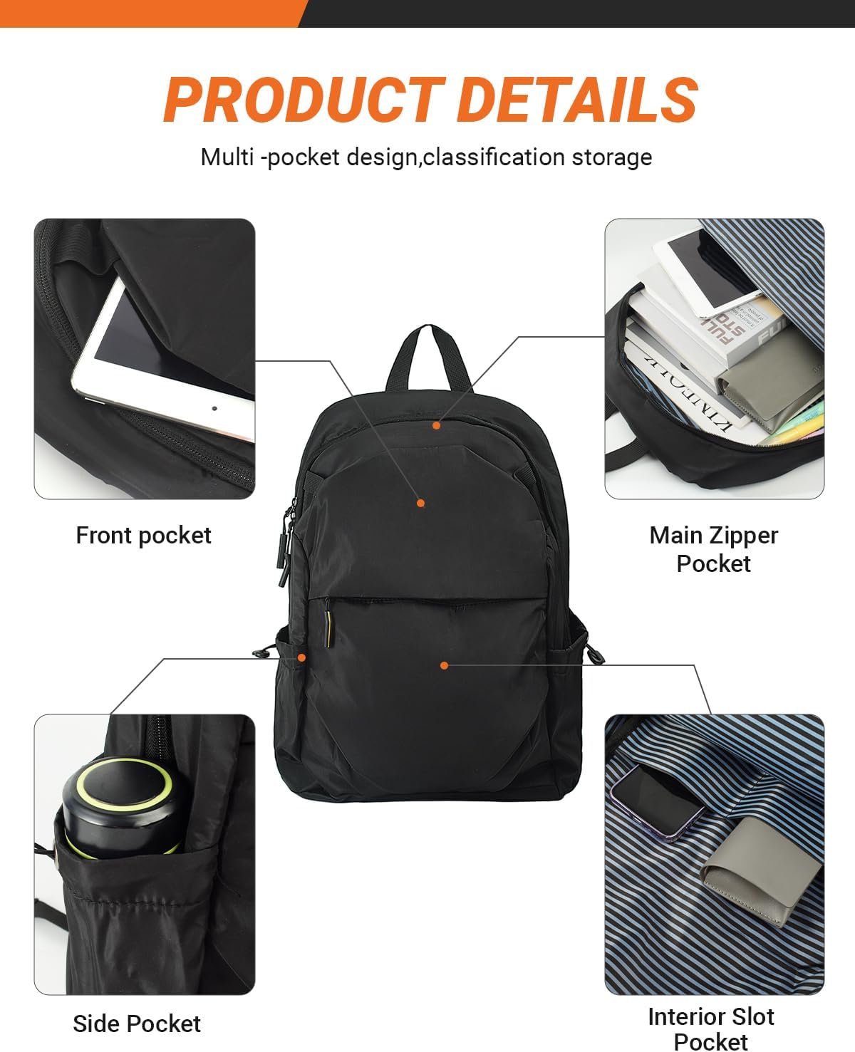 Multi-Pocket Laptop Backpack, 24L Capacity, Fits 14-inch Laptop, 16.9x12.6x5.5 inches, 1.1 lbs, Black/Navy/Gray (Blue)