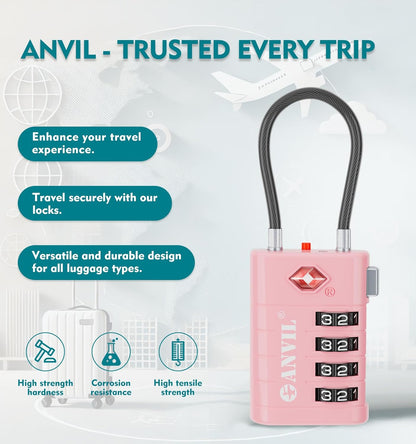 ANVIL 4 Digit Luggage Locks, TSA Locks for Luggage, Advanced TSA008 core, Alert Indicator for Your Travel Lock, Suitcase Lock. (2, Pink)