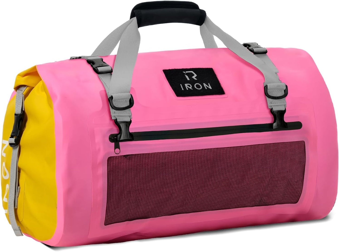 IRON JIA'S Motorcycle Dry Bag - Waterproof Duffle & Luggage Tail Bag Saddle Bags with Roll Top Closure, Shoulder Straps, Inner Pocket and Mesh Pocket (Pink, 30L)