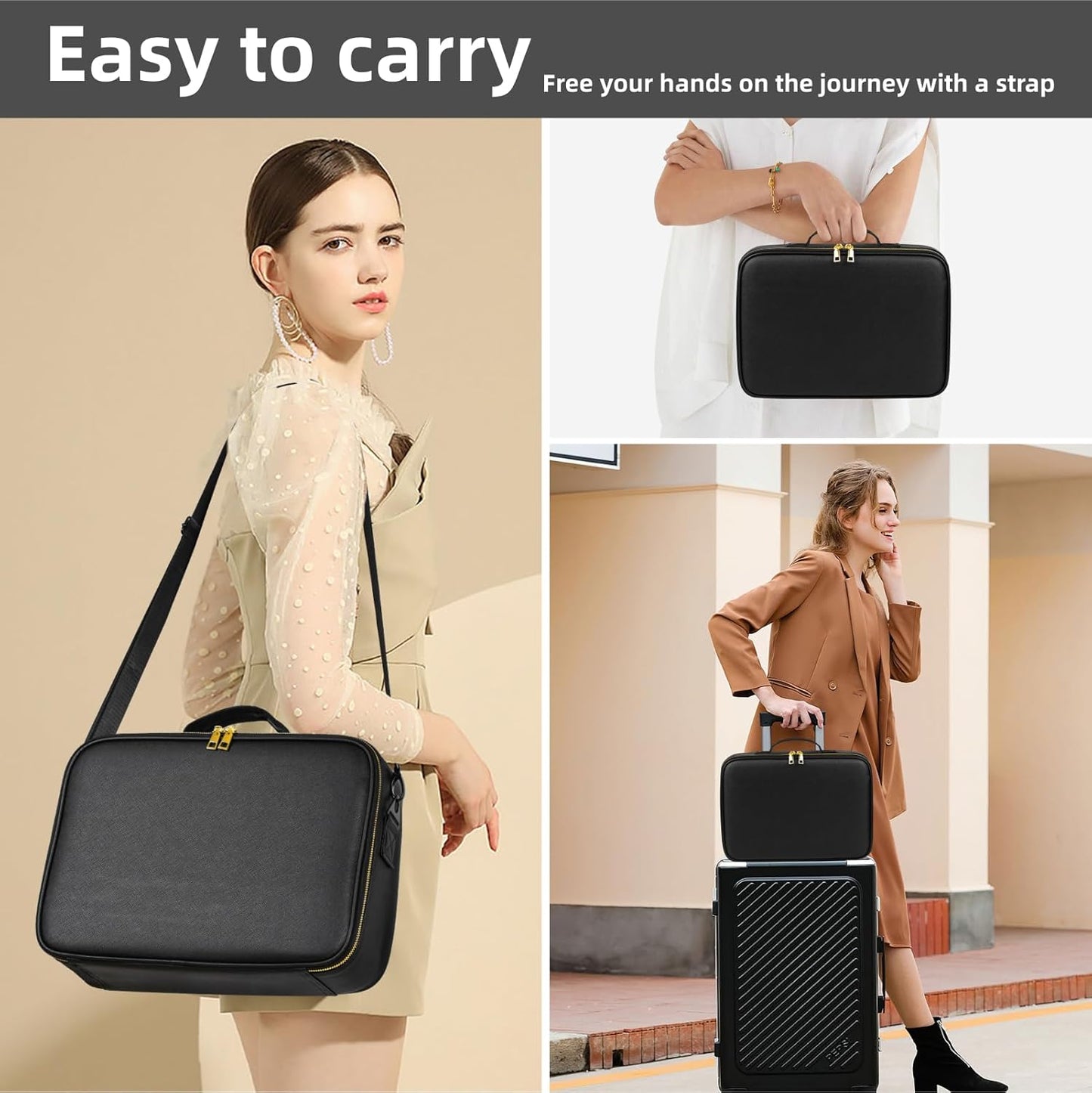 15“×11“Professional Makeup Train Case,Large Waterproof Travel Makeup bag with Mirror and Light, Leather Black Make up Bag with Mirror and Light,Led Makeup Case with Adjustable Dividers