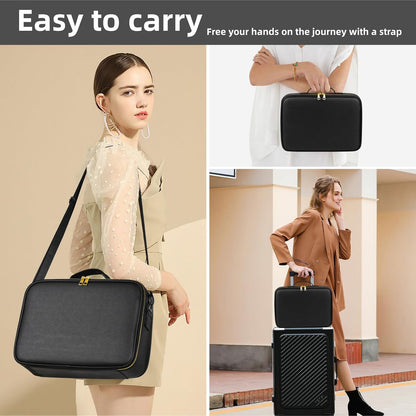 15“×11“Professional Makeup Train Case,Large Waterproof Travel Makeup bag with Mirror and Light, Leather Black Make up Bag with Mirror and Light,Led Makeup Case with Adjustable Dividers
