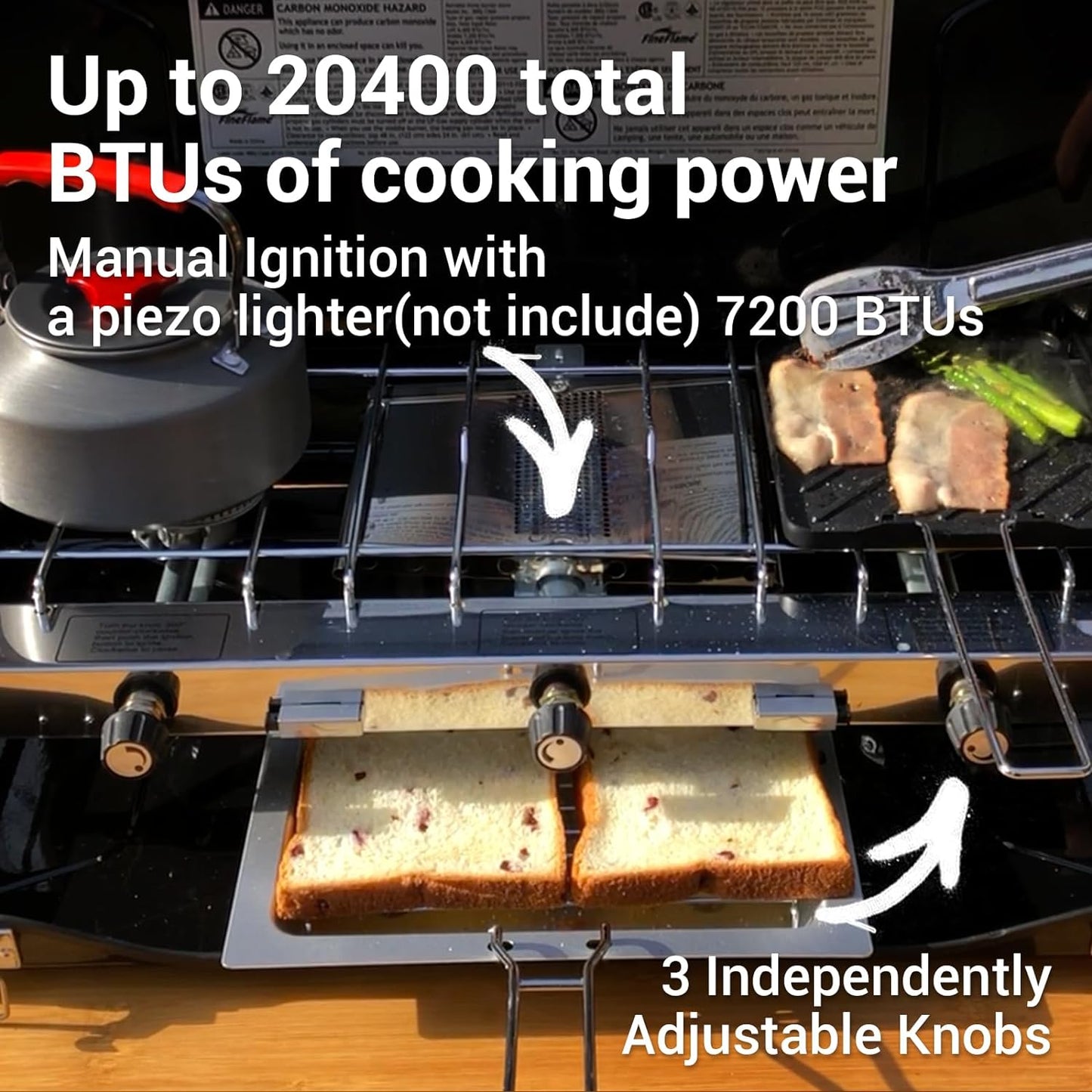 Camping Stove, 3 Burners Propane Portable Camp Stove with Regulator & Griddle, Push-Button Instant Ignition, Portable Camp Grill, Adjustable Burners for Camping Cooking (BLACK-20400 BTUs)