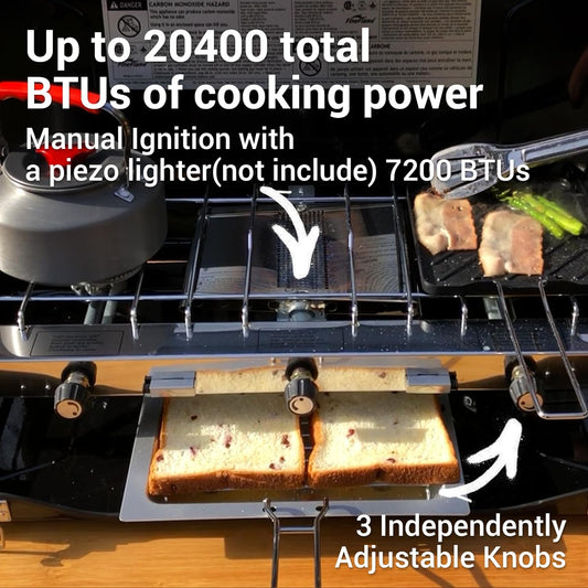 Camping Stove, 3 Burners Propane Portable Camp Stove with Regulator & Griddle, Push-Button Instant Ignition, Portable Camp Grill, Adjustable Burners for Camping Cooking (BLACK-20400 BTUs)