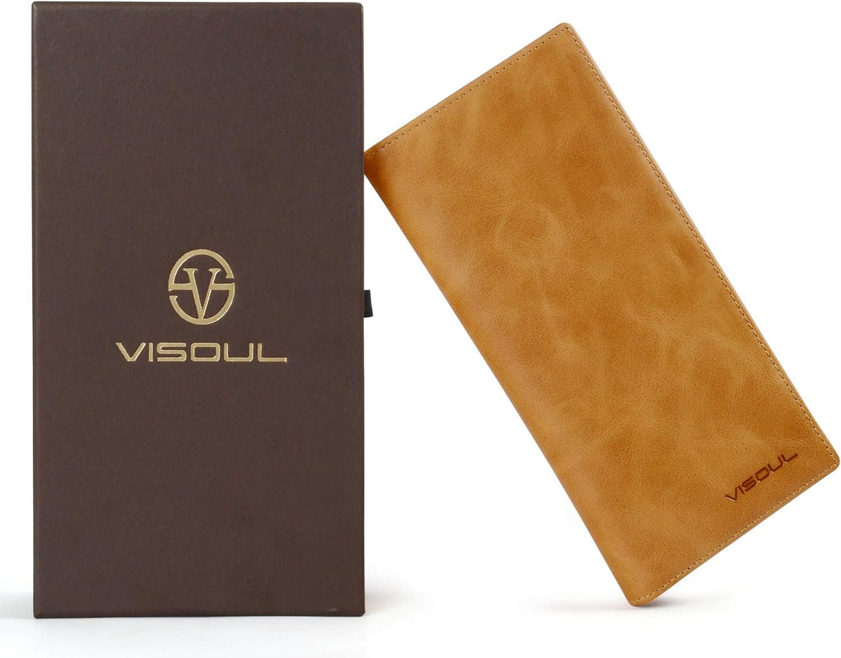 VISOUL Mens Leather Long Checkbook Bifold Wallets with RFID Blocking, Breast Pocket Tall Billfold Secretary Wallet for Men with Card Slots (Tan)