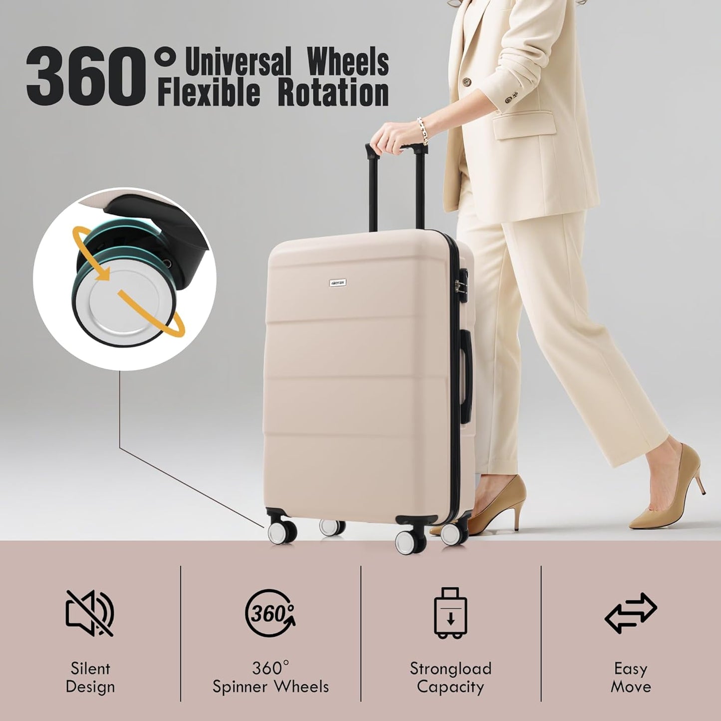 Merax Luggage Sets of 3 Piece Carry on Suitcase Airline Approved,Hardcase Suitcase Set with Double Spinner Wheels,Light Pink