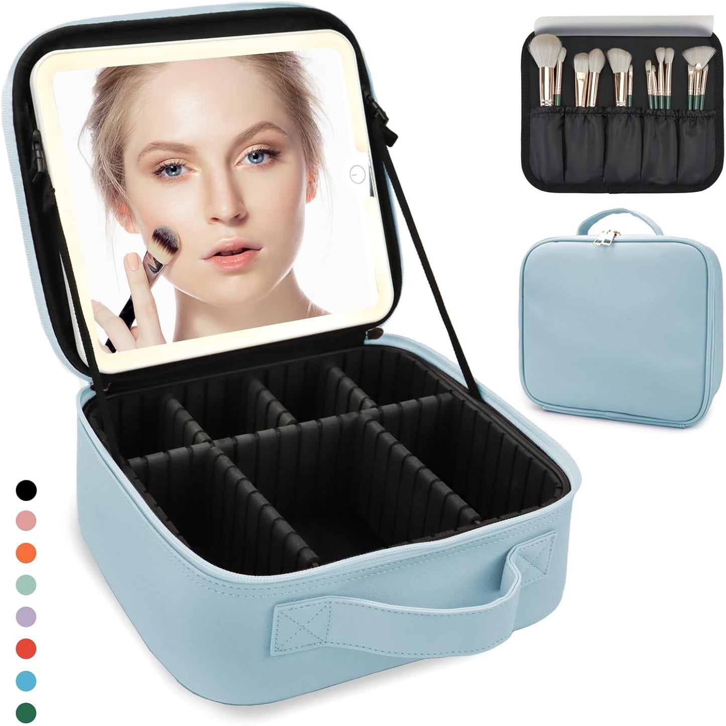 Travel Makeup Bag for Women and Makeup Artists Cosmetic Organizer Large Makeup Case,Travel Makeup Bag with Mirror 3 Color Setting,Portable Storage and Adjustable Dividers(baby blue)