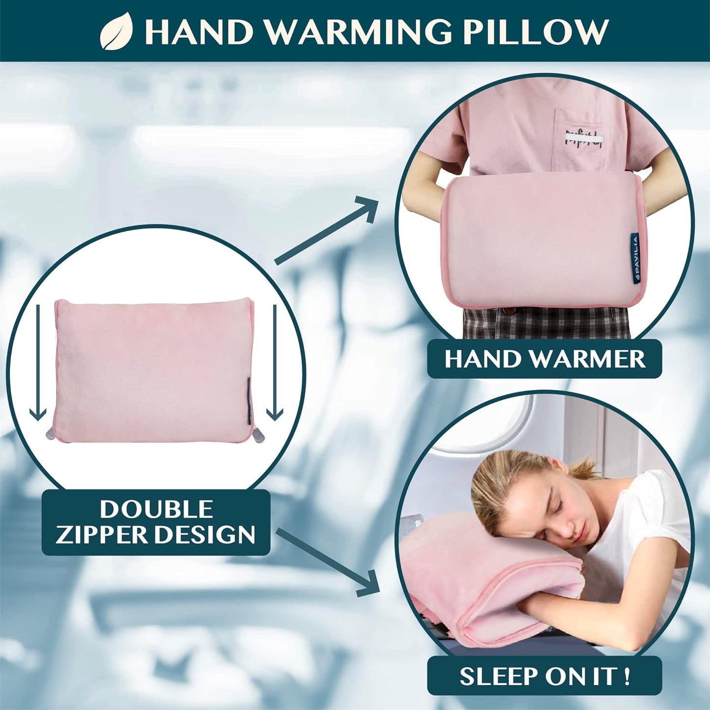 PAVILIA Travel Blanket Pillow, Soft Airplane Blanket 2-in-1 Combo Set, Plane Blanket Compact Packable, Flight Essentials Car Pillow, Travelers Gifts Accessories, Luggage Backpack Strap, 60x43 Pink
