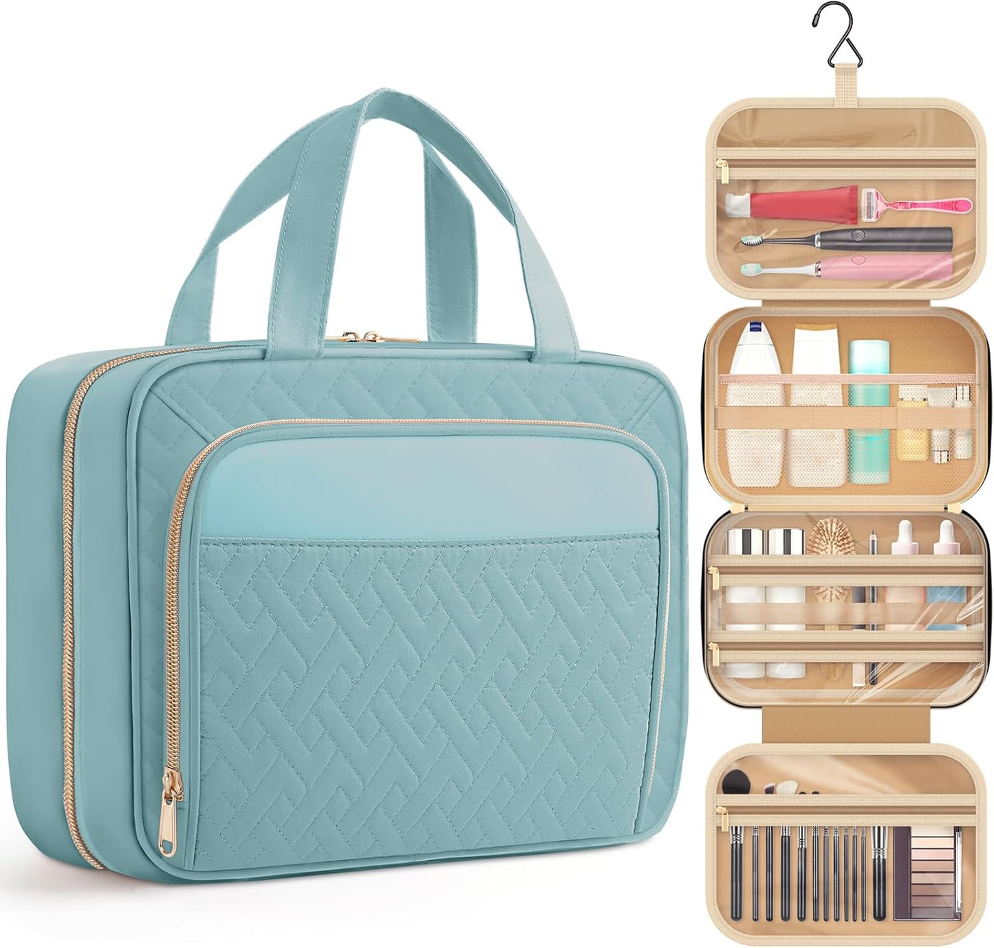 HOTOR Travel Toiletry Bag for Women & Men, Waterproof Makeup Bag with Hanging Hook and Multiple Pockets, Cosmetic Bags for Women, Travel Essentials, 11.2'' x 3.2'' x 8.9'', Light Blue