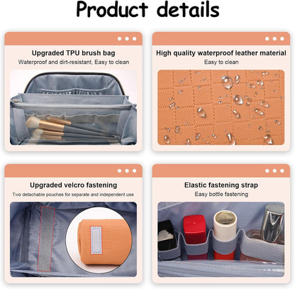 Travel Makeup Bag Organizer Cosmetic Bag: 3 Pcs Set Make up Bags for Women with Handle - Waterproof Vegan Leather Toiletry Bags with Comparments (C-08-Orange)