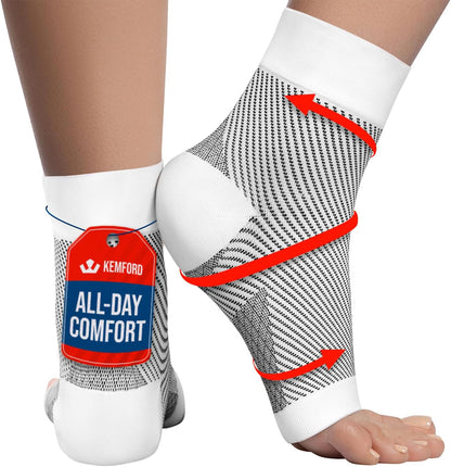 KEMFORD Ankle Compression Sleeve - Plantar Fasciitis Braces - Open Toe Compression Socks for Swelling, Sprain, Neuropathy, Foot Arch Support for Men and Women - 20-30mmhg, M, White and Black