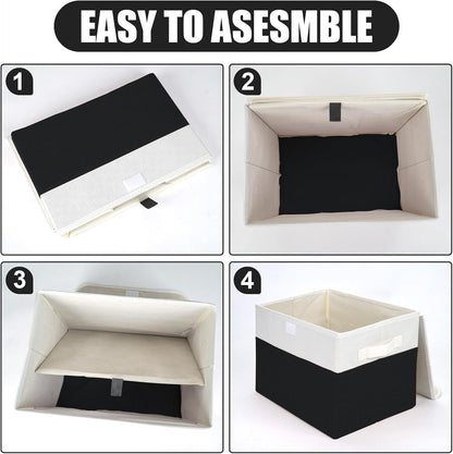 Large 22 Quart Linen Fabric Foldable Storage Bin Cube Organizer Basket with Flip-Top Lid & Handles, Clothes Blanket Box for Home, Office, Closet, Black & White, 4 Pack 14.6 x 9.5 x 9.5