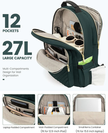 LOVEVOOK Laptop Backpack Purse for Women, Work Business Travel Computer Bags, College Nurse Backpack for Womens, Quilted Casual Daypack with USB Port, Fit 15.6 Inch Laptop, Deepgreen