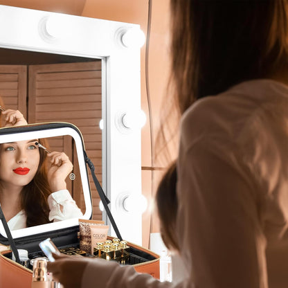 Makeup Travel Train Case with Mirror LED Light 3 Adjustable Brightness Large Cosmetic Bag Portable Storage Adjustable Partition Waterproof Makeup Brushes Make up Jewelry Gift for Women