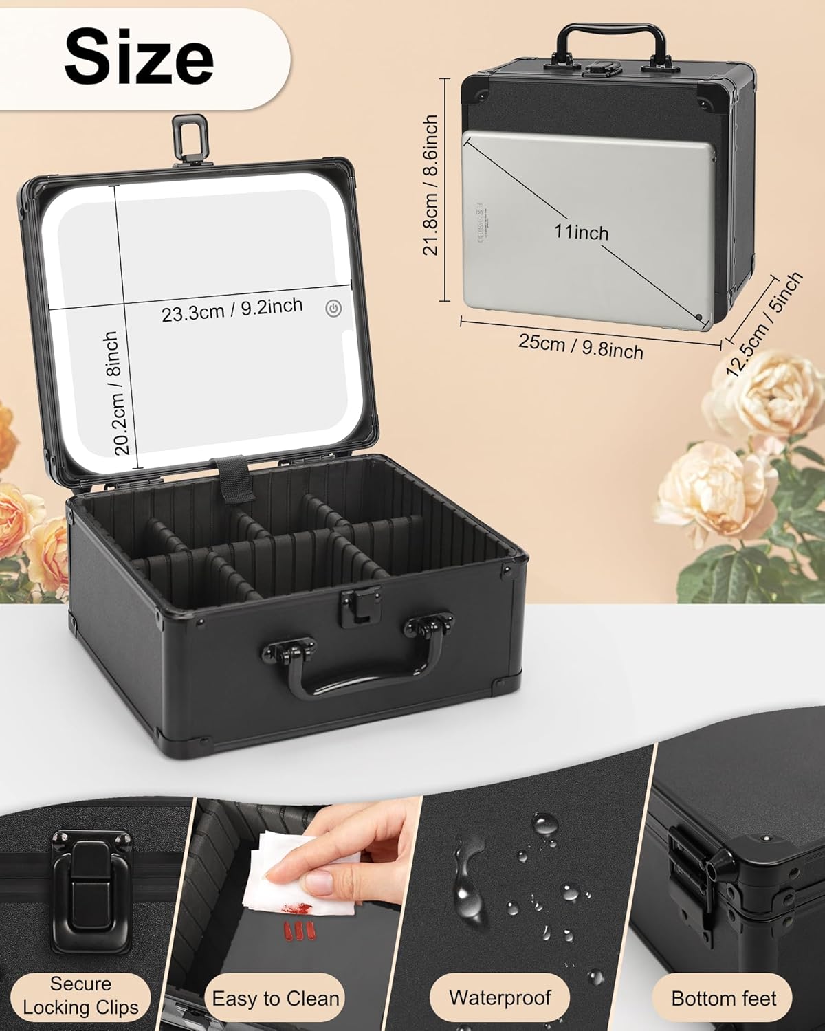 Makeup Box with LED Mirror, Makeup Bag with Light up Mirror& Adjustable Dividers Travel Make up Train Case Portable Cosmetic Organizer Case Waterproof Organizer Bag Gifts for Women and Girls