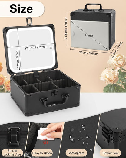 Makeup Box with LED Mirror, Makeup Bag with Light up Mirror& Adjustable Dividers Travel Make up Train Case Portable Cosmetic Organizer Case Waterproof Organizer Bag Gifts for Women and Girls