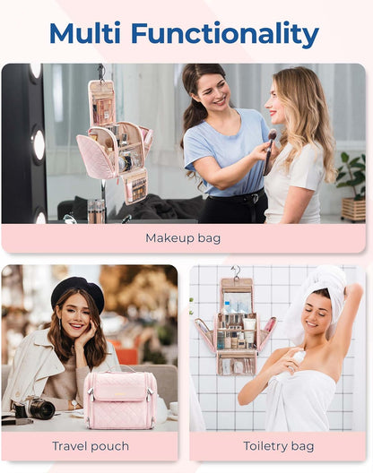 BAGSMART Makeup Bag for Women with Hanging Hook, Large Portable Capacity Water-resistant Organizer Travel Case for Toiletries and Cosmetics, Pink