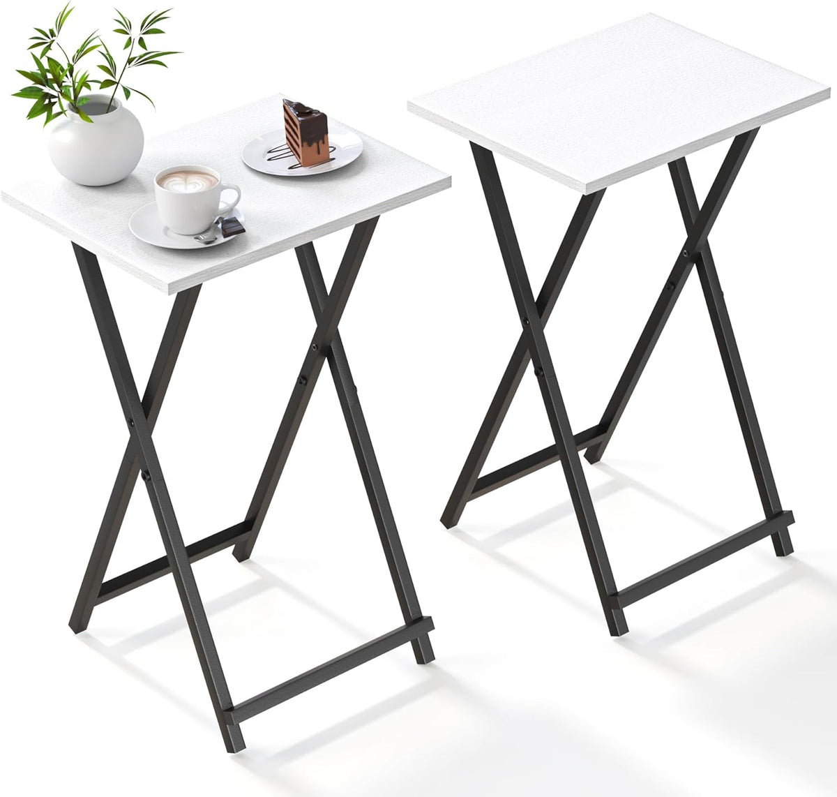 Foldable TV Trays, Small Folding Table, TV Trays Set of 2, TV Dinner Tray, Side Table for Bed, Couch, Portable Easy to Move, White